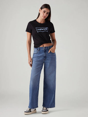 Women's Blue Wide Leg Fit Mid Rise Cinched Jeans