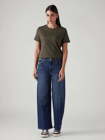 Women's Blue Wide Leg Fit Mid Rise Cinched Jeans